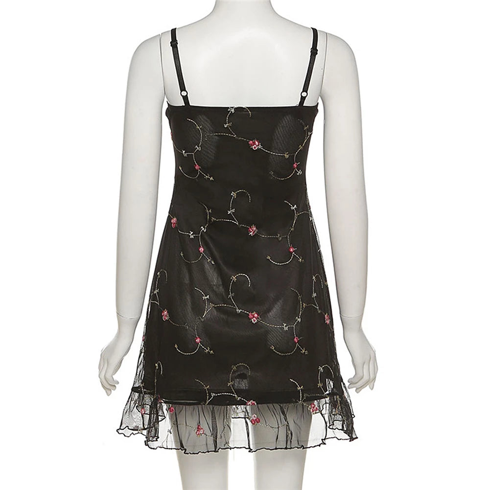 Black and Pink Floral Rosebud Embroidery Camisole Vintage Mini Dress