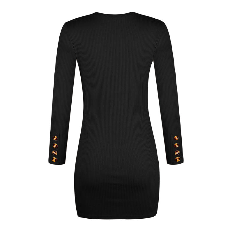 Black Ribbed Long Sleeve With Button Side Split Mini Dress