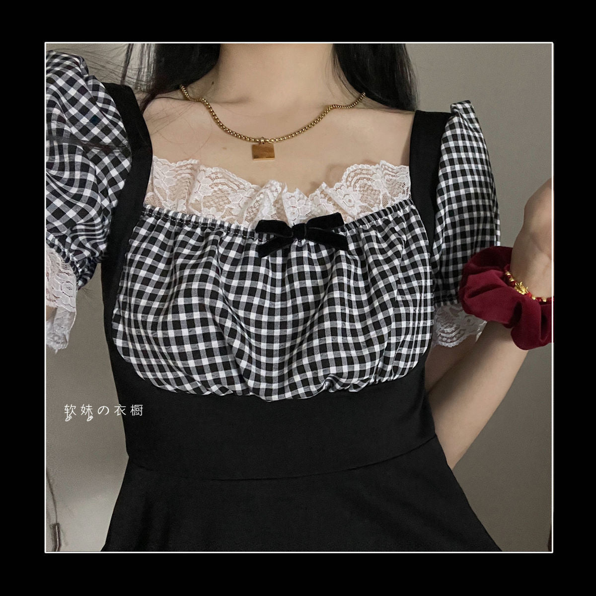 Black Plaid With Lace Trim Maid Vintage Mini Dress