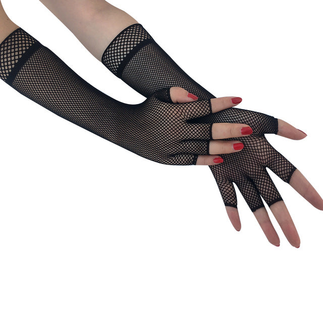 Black Half Finger Fishnet Mesh Long Gloves