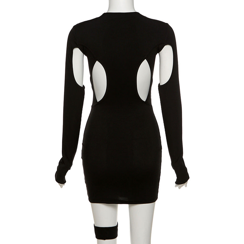 Black Ribbed Cut Out Long Sleeve Goth Mini Dress