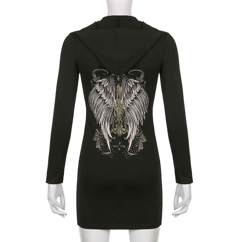 Black Graphic Print Hooded Front Zipper Mini Dress