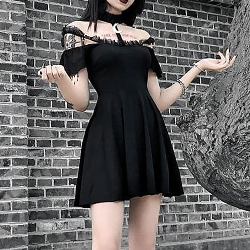 Black Halter Open Shoulder Lace Choker Detail With Moon Goth Mini Dress