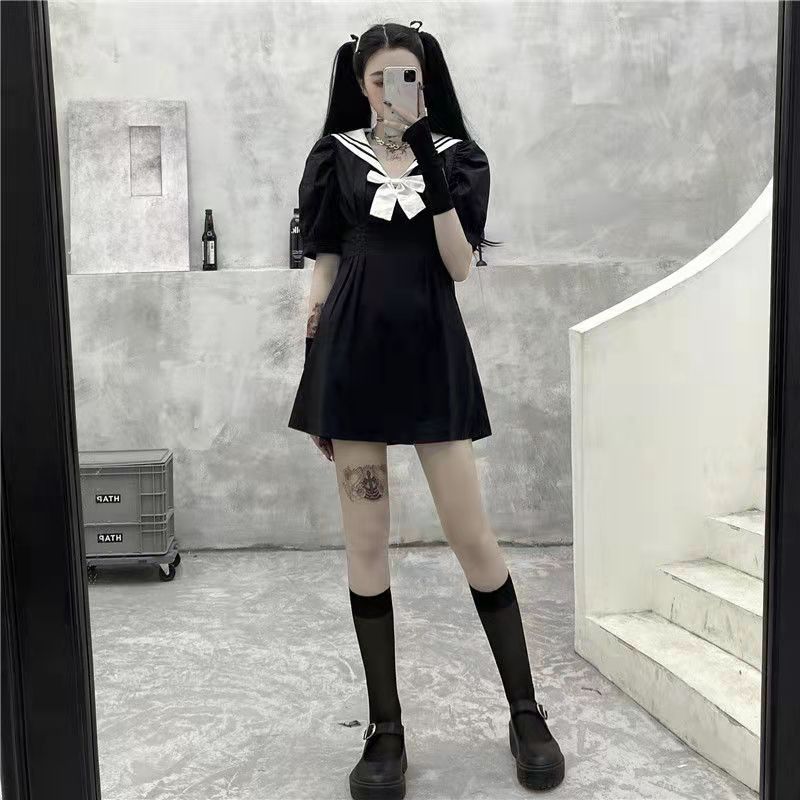 Black and White Bow Korean Harajuku Uniform Pleated Mini Dress