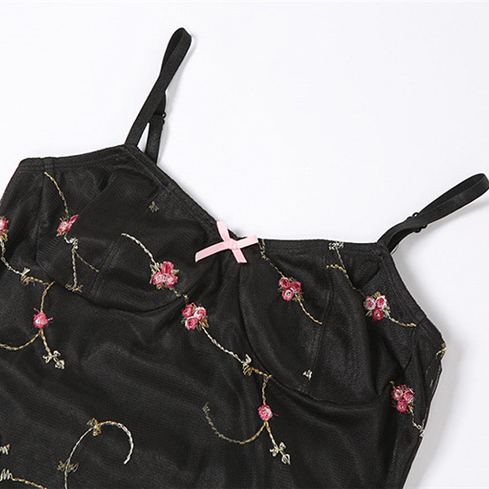 Black and Pink Floral Rosebud Embroidery Camisole Vintage Mini Dress