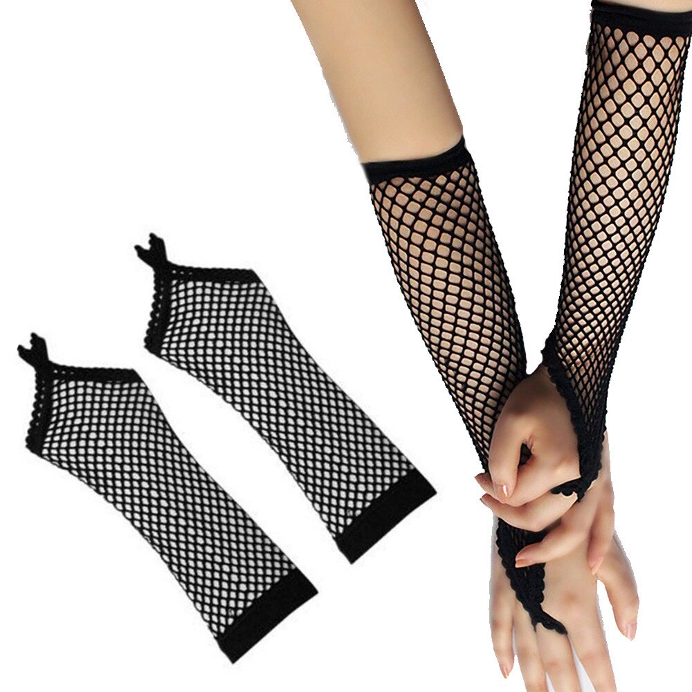 Black Fingerless Middle Loop Fishnet Mesh Long Gloves