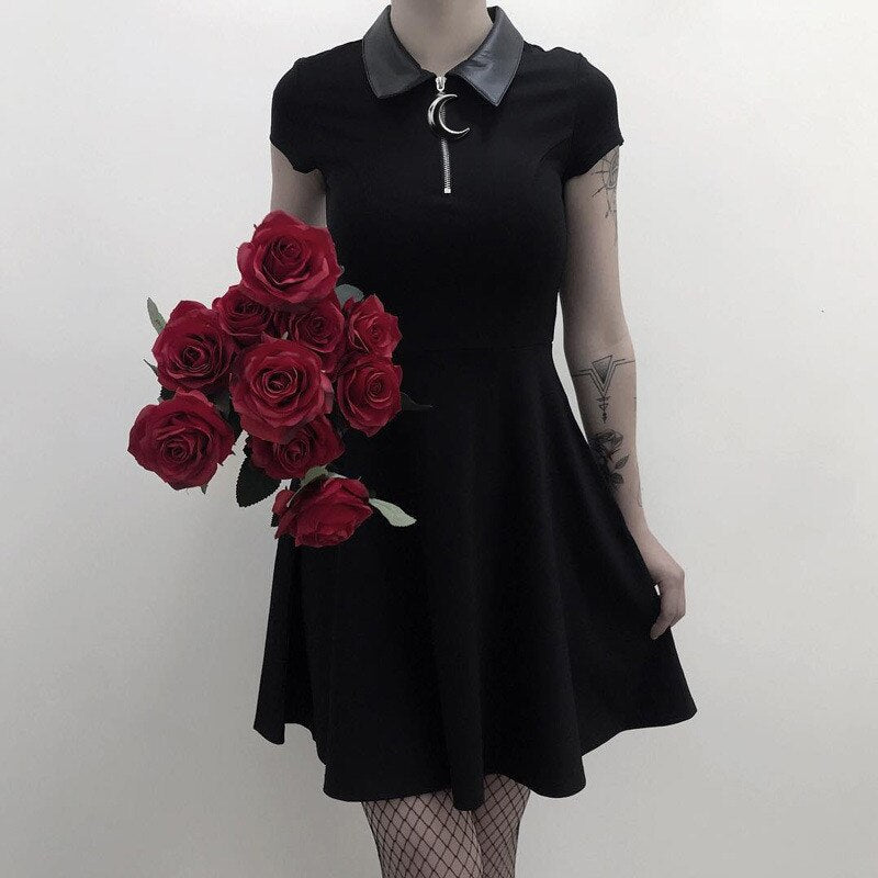 Black Front Zipper With Moon Pleated Party Goth Mini Dress