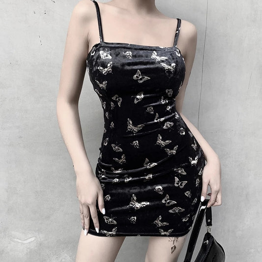 Black Velvet Butterfly Print Sexy Club Party Spaghetti Strap Mini Dress