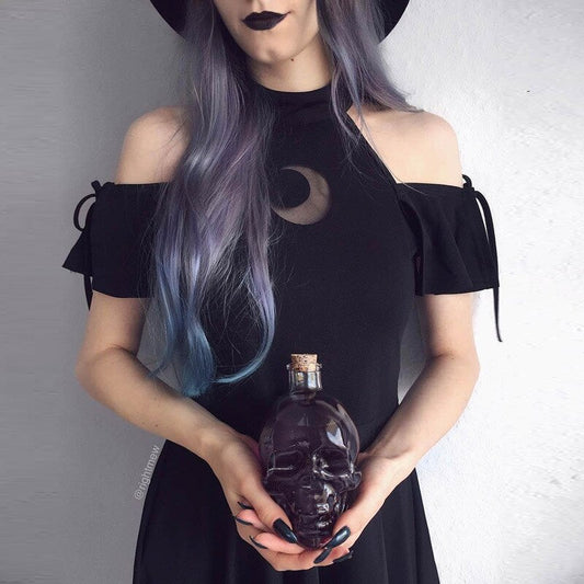 Black Moon Pattern Open Shoulder Fit and Flare Goth Mini Dress