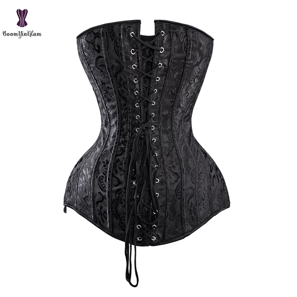Black Jacquard Floral Corset Long Torso Back Laces Bustier