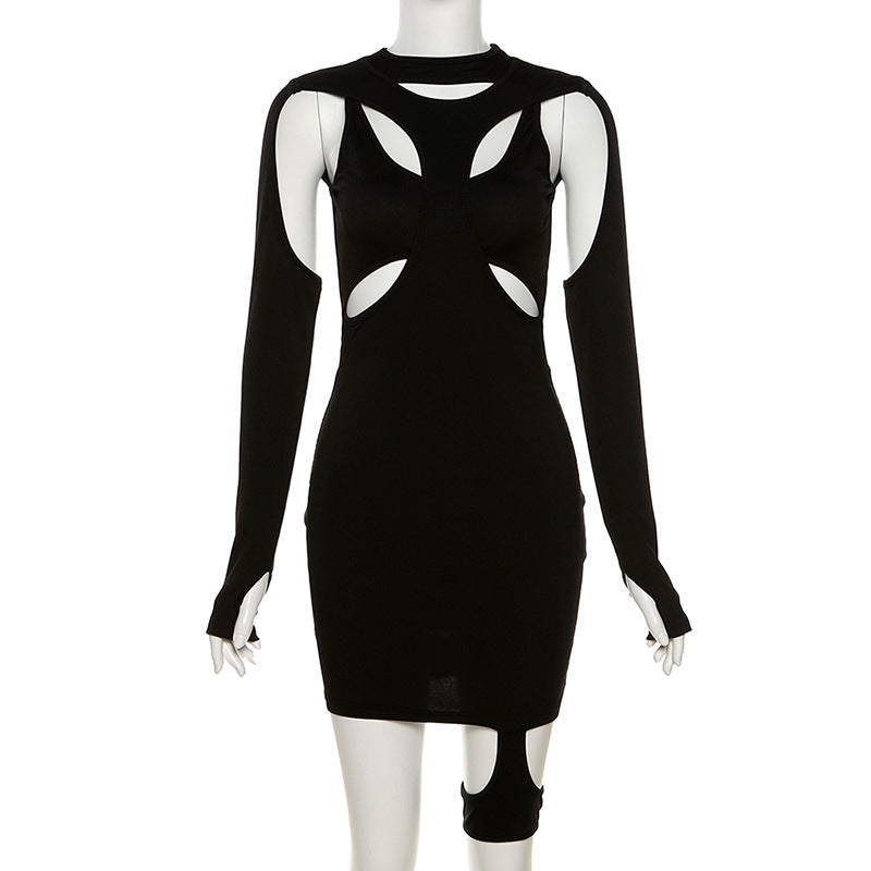 Black Ribbed Cut Out Long Sleeve Goth Mini Dress