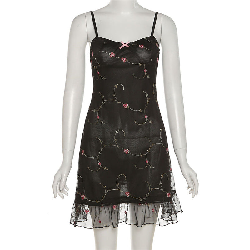 Black and Pink Floral Rosebud Embroidery Camisole Vintage Mini Dress