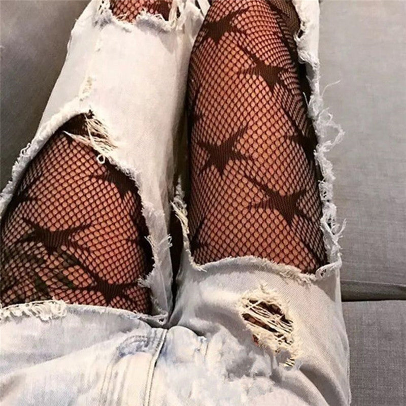 Black Stars Pattern Fishnet Mesh Nylon Pantyhose Tights