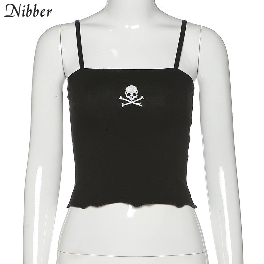 Black Skull Print Spaghetti Strap Goth Crop Tank Top