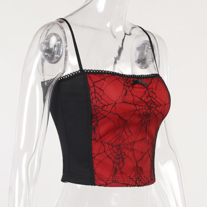 Black and Red Spider Web Lace Goth Zip Crop Spaghetti Strap Camisole