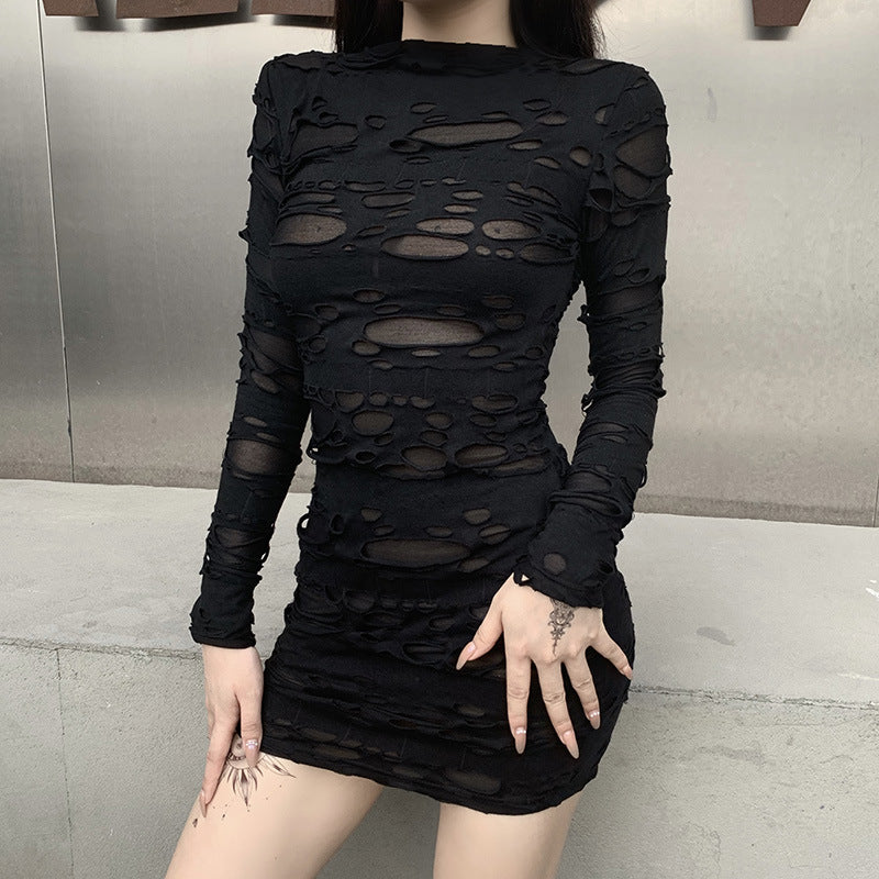 Black Hole Design Peek-A-Boo Overlay Long Sleeve Goth Mini Dress