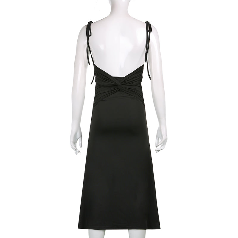 Black Spaghetti Strap Tie Up Backless Twist Mid-calf Dress