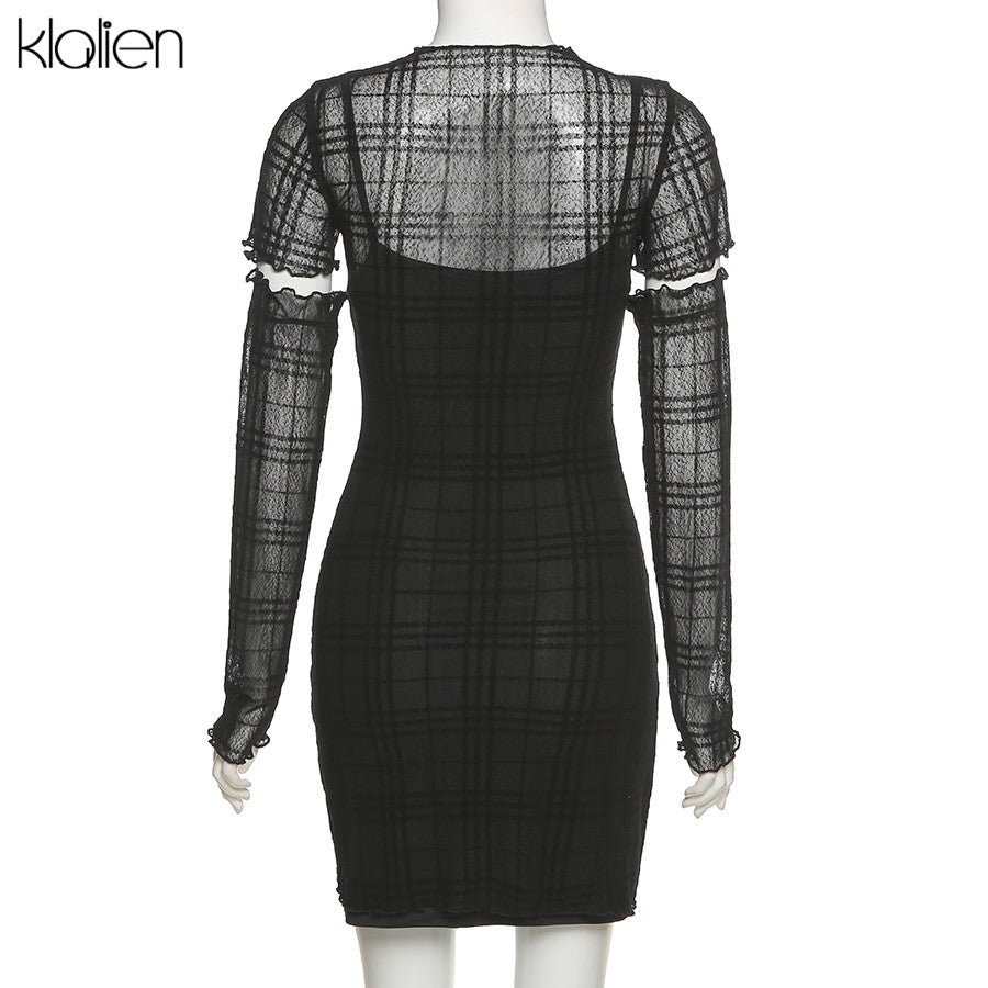 Black Plaid Sheath Camisole Overlay With Long Arm Sleeves Mini Dress