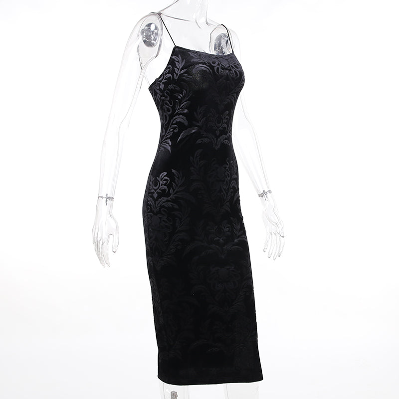 Black Velvet Spaghetti Strap Sexy Elegant Vintage Side Split Mid-calf Dress