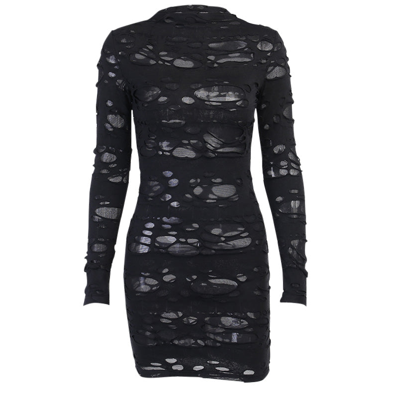 Black Hole Design Peek-A-Boo Overlay Long Sleeve Goth Mini Dress