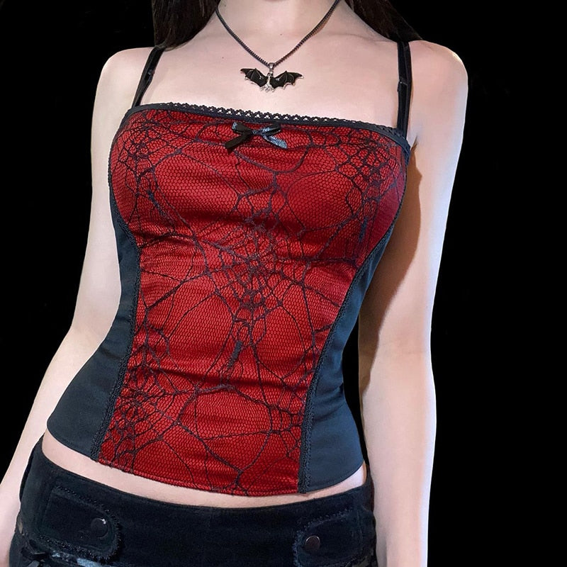 Black and Red Spider Web Lace Goth Zip Crop Spaghetti Strap Camisole