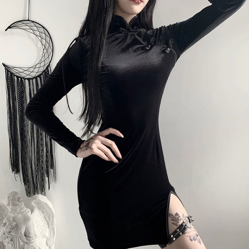 Black Velvet Cheongsam Diagonal Button Long Sleeve Side Split Mini Dress