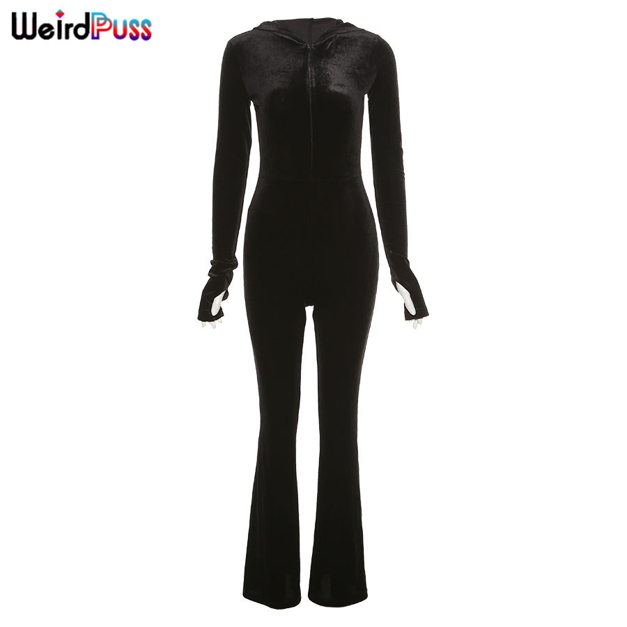 Black Velvet Zipper Hoodie Long Sleeve Jumpsuit