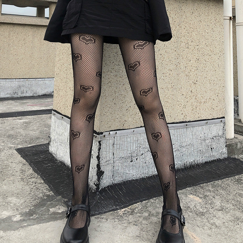 Black Hearts Pattern Fishnet Mesh Nylon Pantyhose Tights