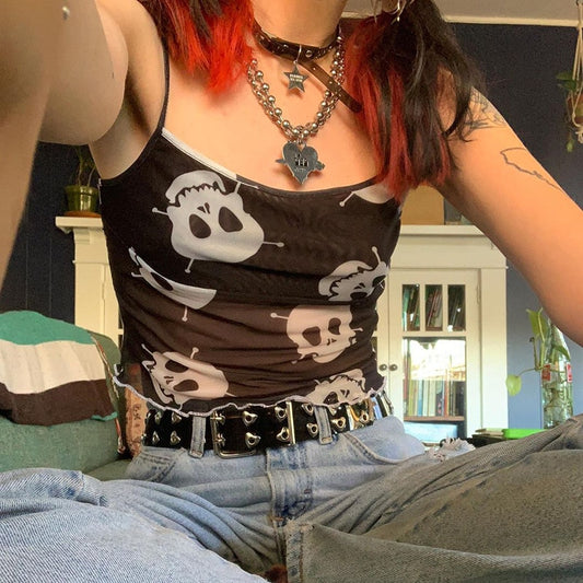 Black and White Skulls Spaghetti Strap Tank Top