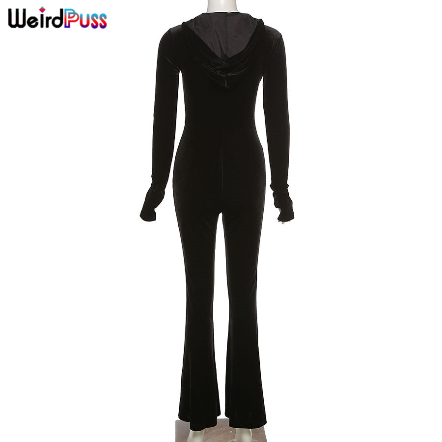 Black Velvet Zipper Hoodie Long Sleeve Jumpsuit