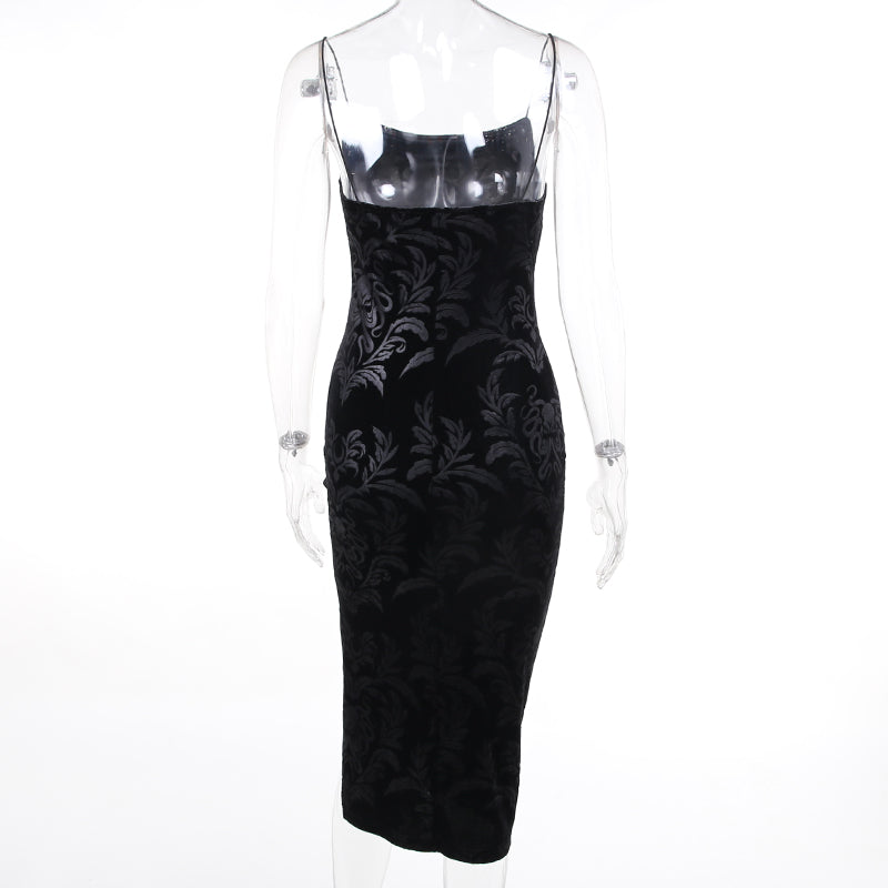 Black Velvet Spaghetti Strap Sexy Elegant Vintage Side Split Mid-calf Dress