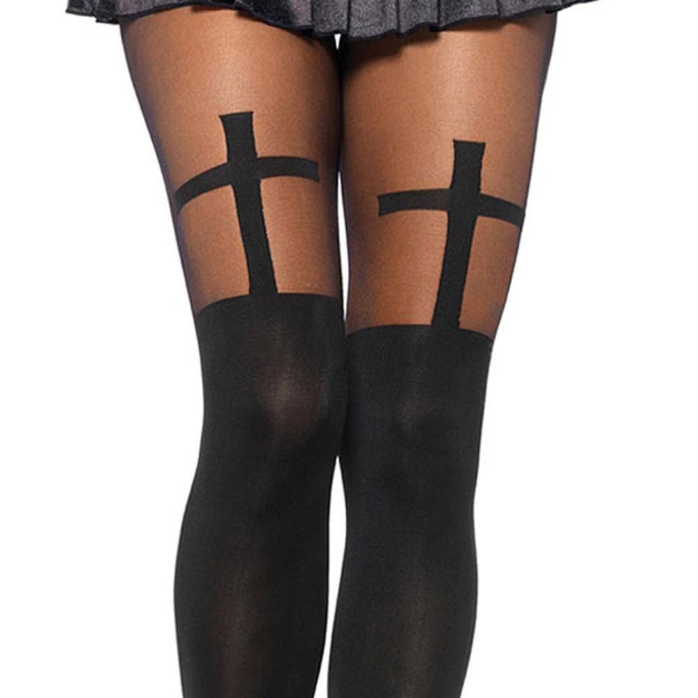 Black Opaque Cross Pattern Goth Nylon Pantyhose Tights