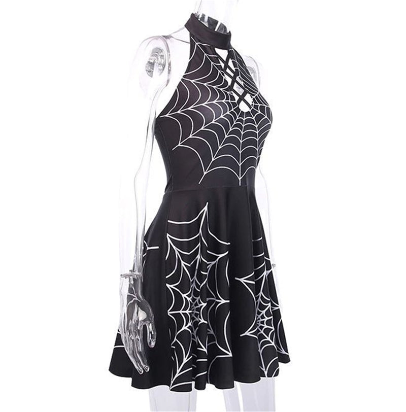 Black Spider Web Graphic Lace-up Halter Goth Mini Dress