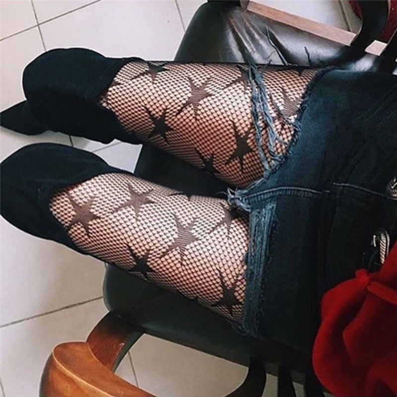 Black Stars Pattern Fishnet Mesh Nylon Pantyhose Tights