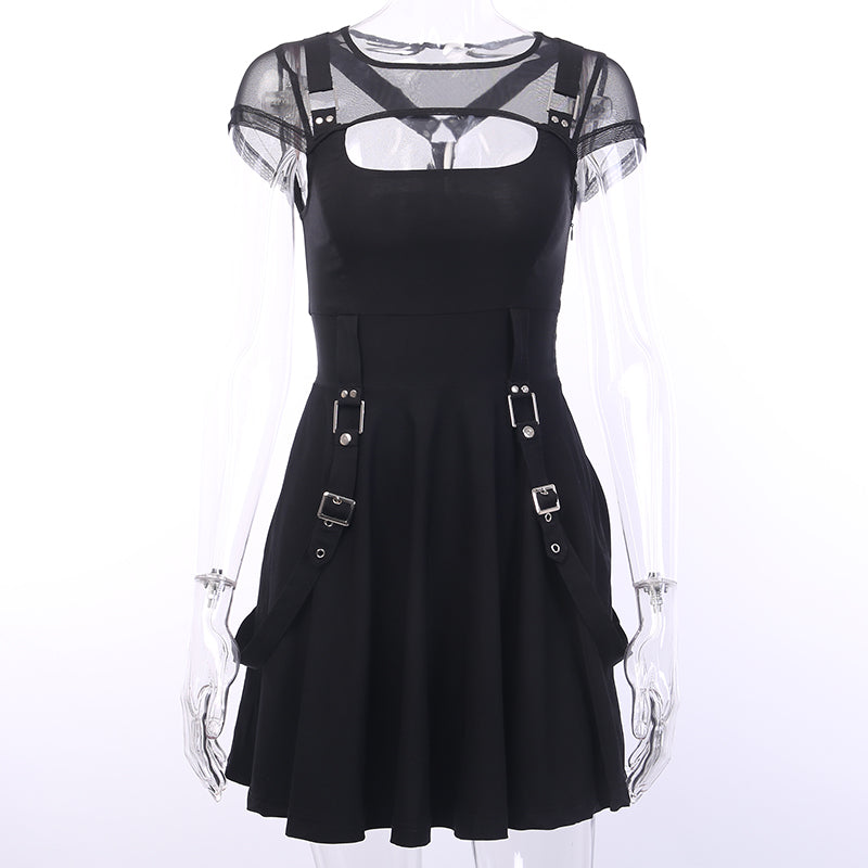 Black Mesh and Buckle Chest Cut Out Goth Flare Dress