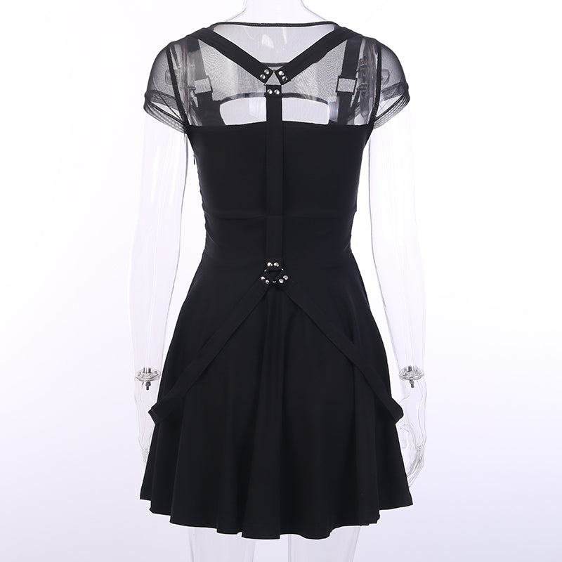 Black Mesh and Buckle Chest Cut Out Goth Flare Dress