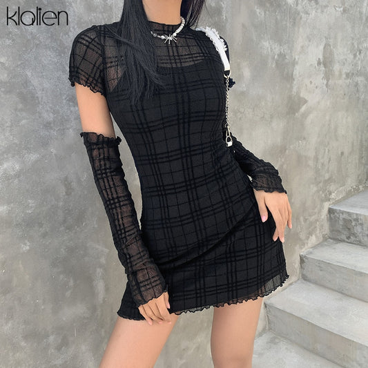 Black Plaid Sheath Camisole Overlay With Long Arm Sleeves Mini Dress