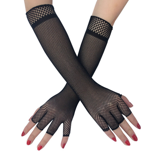 Black Half Finger Fishnet Mesh Long Gloves