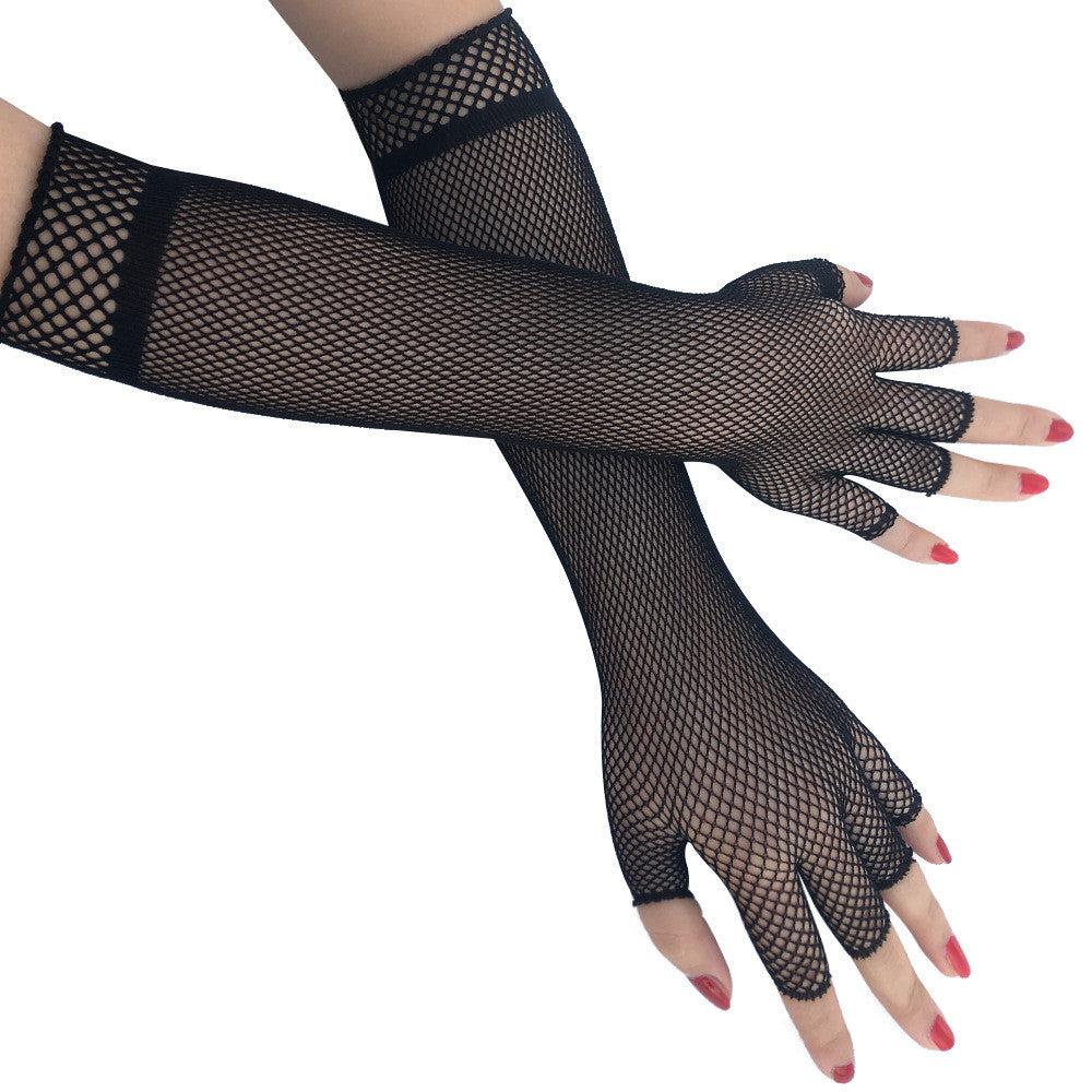 Black Half Finger Fishnet Mesh Long Gloves