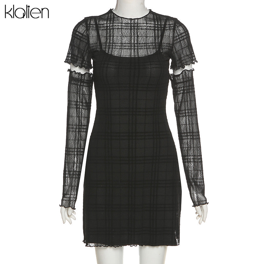 Black Plaid Sheath Camisole Overlay With Long Arm Sleeves Mini Dress