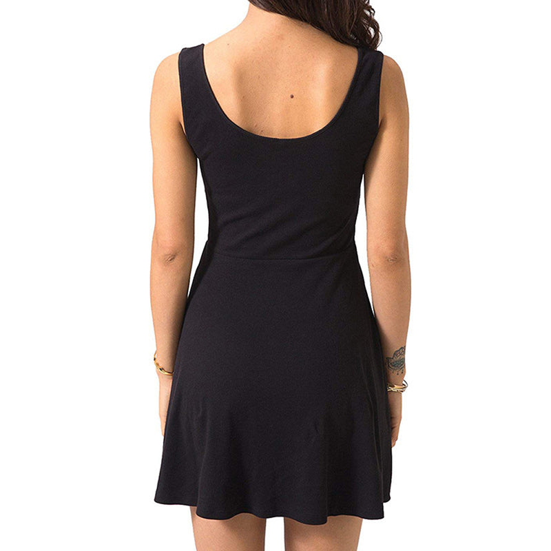 Black Casual Button Tank Above Knee Fit and Flare Dress