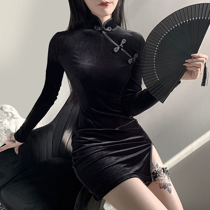 Black Velvet Cheongsam Diagonal Button Long Sleeve Side Split Mini Dress