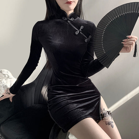 Black Velvet Cheongsam Diagonal Button Long Sleeve Side Split Mini Dress