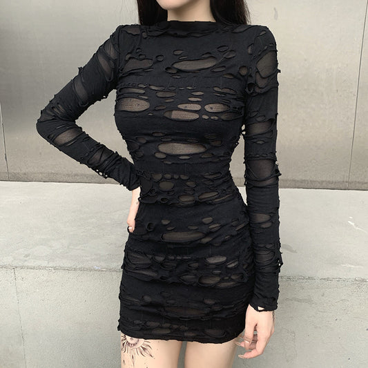 Black Hole Design Peek-A-Boo Overlay Long Sleeve Goth Mini Dress