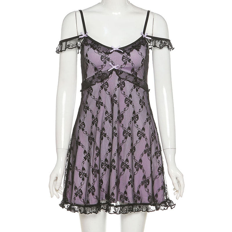 Black and Purple Lace V-neck Vintage Camisole Mini Dress