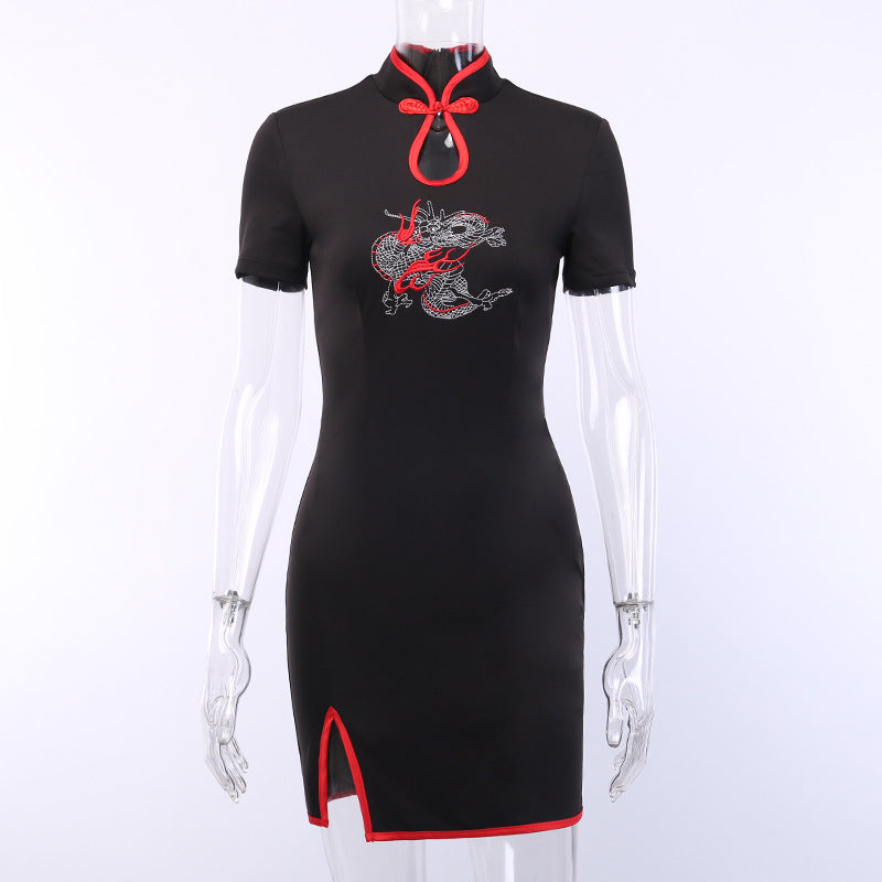 Black and Red Trim Dragon Cheongsam Split Hip Mini Dress