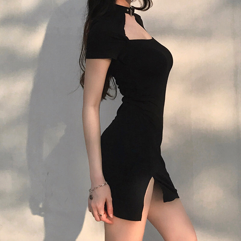 Black Hollow Out Neck Buckle Short Sleeve Side Split Mini Dress