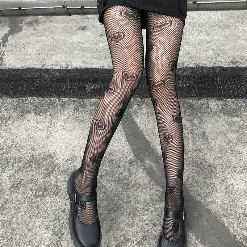 Black Hearts Pattern Fishnet Mesh Nylon Pantyhose Tights