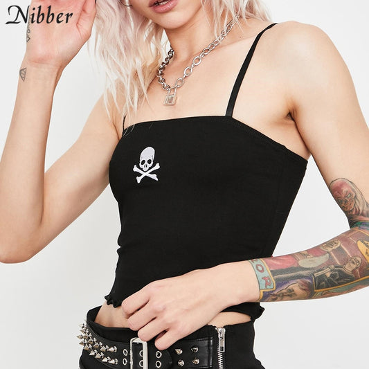 Black Skull Print Spaghetti Strap Goth Crop Tank Top