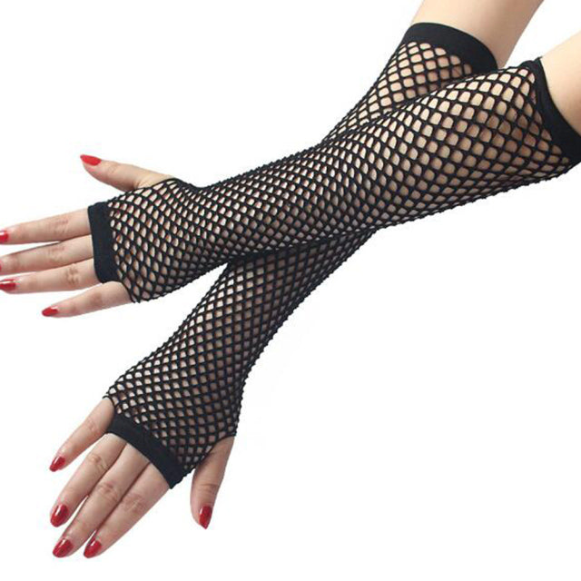 Black Fingerless Cut Out With Thumbhole Fishnet Mesh 3/4 Length Gloves